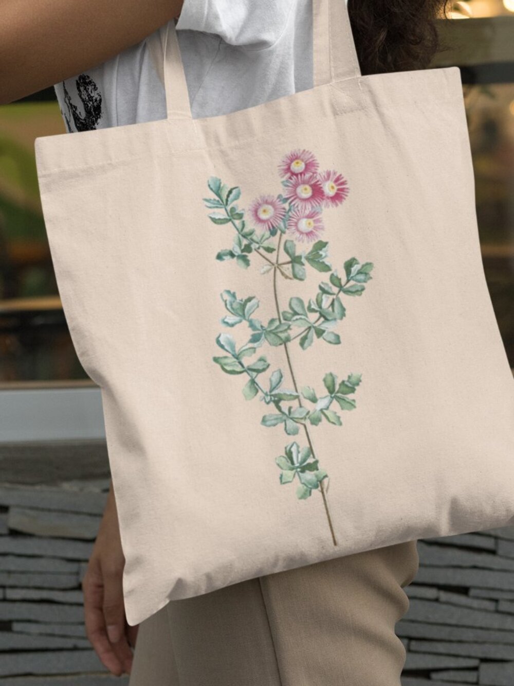Pink Iceplant Vintage Floral Print Graphic Canvas Tote Bag